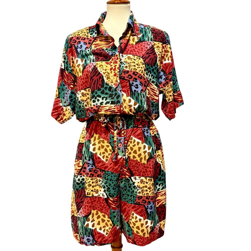 Vintage 80s 90s Patchwork Animal Print Romper Jumpsuit Eclectic Indie Sleaze M
